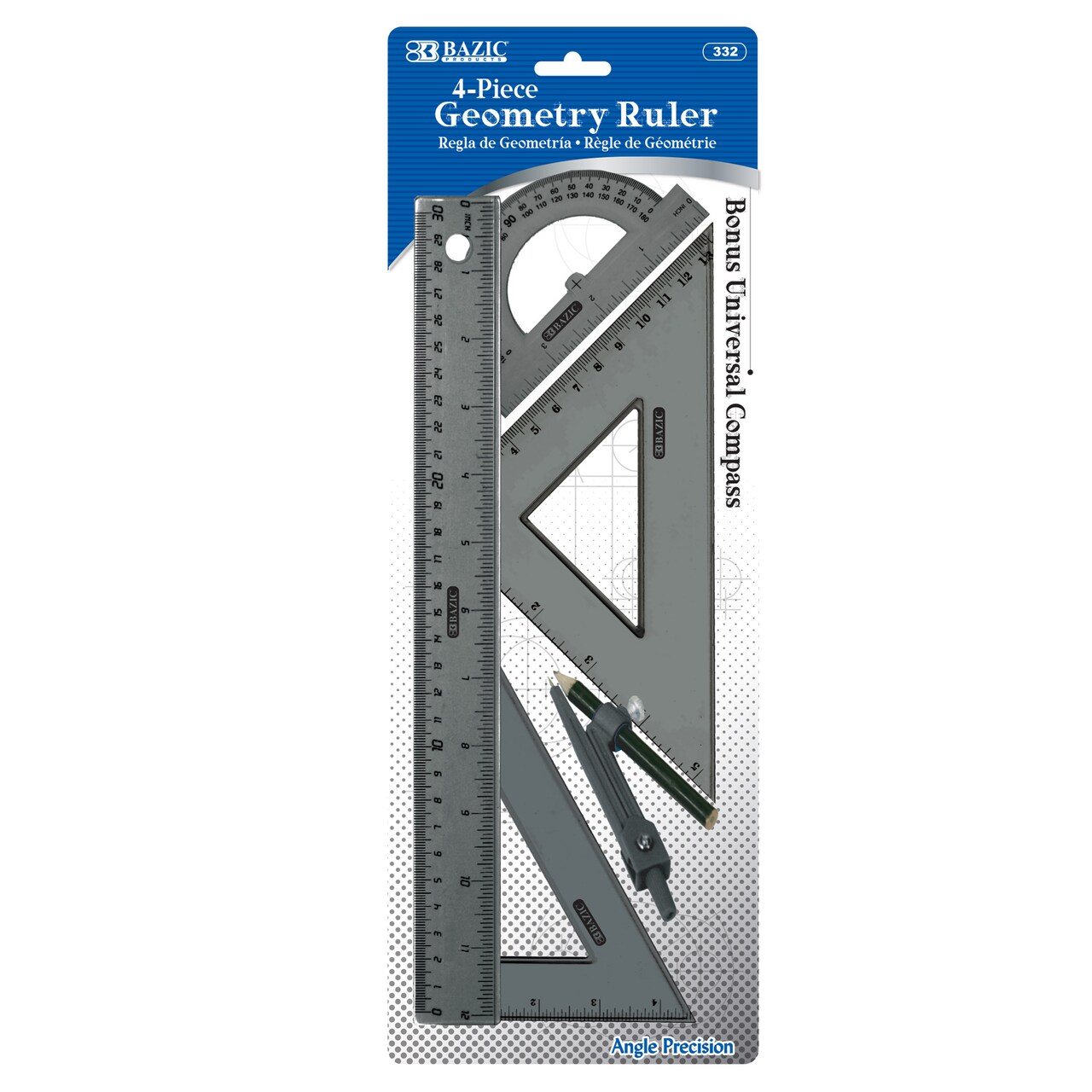 BAZIC Geometry Ruler Combination Sets 4-Piece w/ Compass